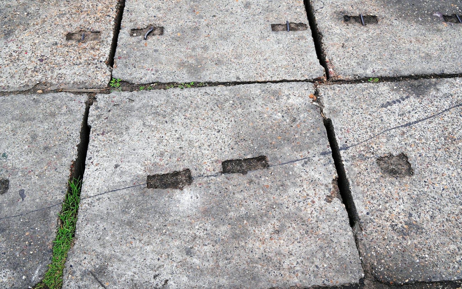 Aged concrete paving slabs with visible joints, surface wear, and grass growing through cracks.