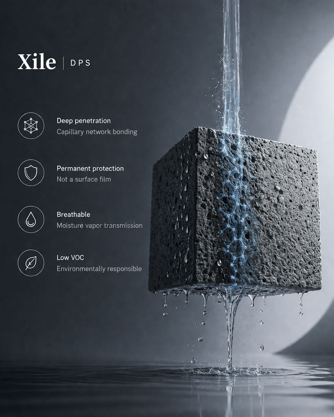 Dark studio render of a porous concrete cube: water cascades into it from above, luminous molecular bonds trace through the block, and water pools at its base.